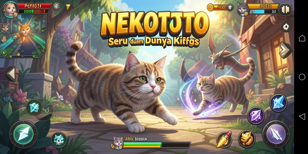 Screenshot gameplay NEKOTOTO menampilkan pertarungan seru antar karakter kucing.