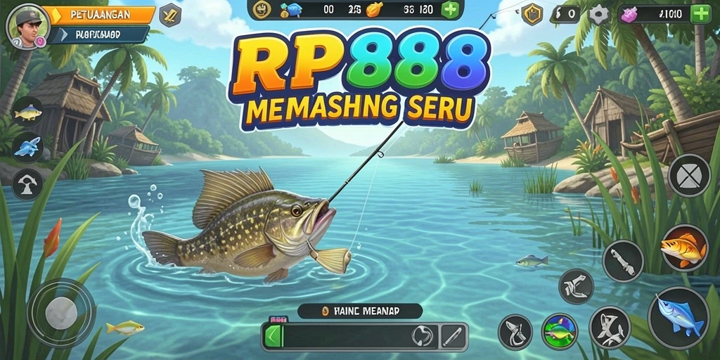 Screenshot gameplay RP888 menampilkan aksi memancing seru di lokasi indah.