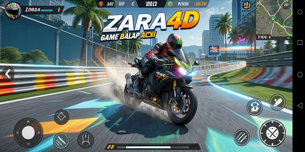 Gameplay ZARA4D menampilkan balapan motor yang penuh aksi dan kecepatan.